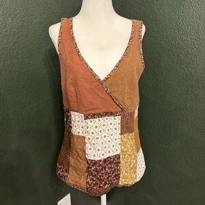 Vintage 90s Brown Patchwork Top Hemp Cotton Surplice Babydoll Cottagecore Rodeo